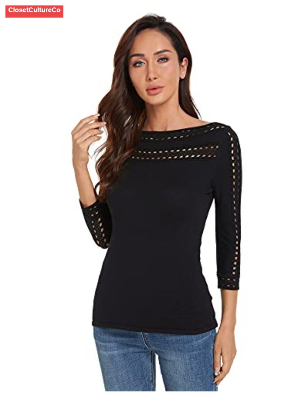 Boatneck Eyelet Trim 3/4 Sleeve Knit Pullover Sweater